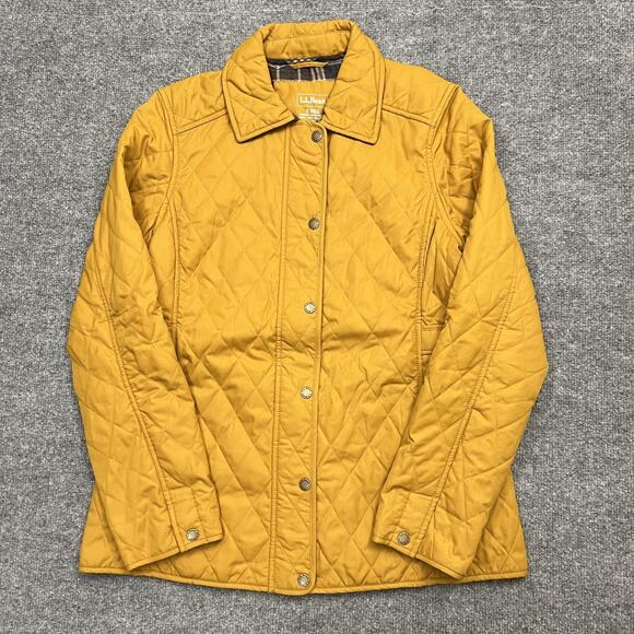 LL Bean Jacket Womens Small Yellow Quilted Plaid Lined Snap Front Fall Coat - Picture 1 of 10